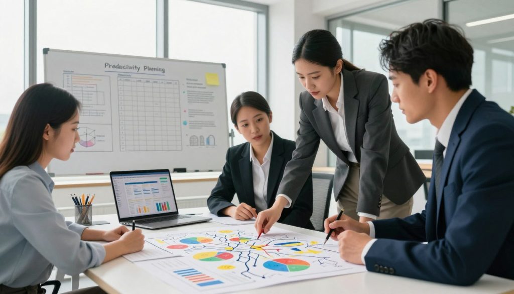 A detailed workspace illustrating the productivity planning process. In the foreground, a diverse group of three professionals in business attire are gathered around a large, modern table, examining a colorful mind map and charts spread out in front of them. In the middle ground, a whiteboard filled with strategic goals and timelines complements a laptop displaying a project management software interface. The background features floor-to-ceiling windows that allow natural light to flood the room, casting soft shadows. The overall atmosphere is focused yet collaborative, showcasing an environment where ideas flourish and productivity thrives. The lighting is bright and inviting, emphasizing a sense of clarity and motivation. Shot from a slight angle to capture both the people and the workspace dynamics.