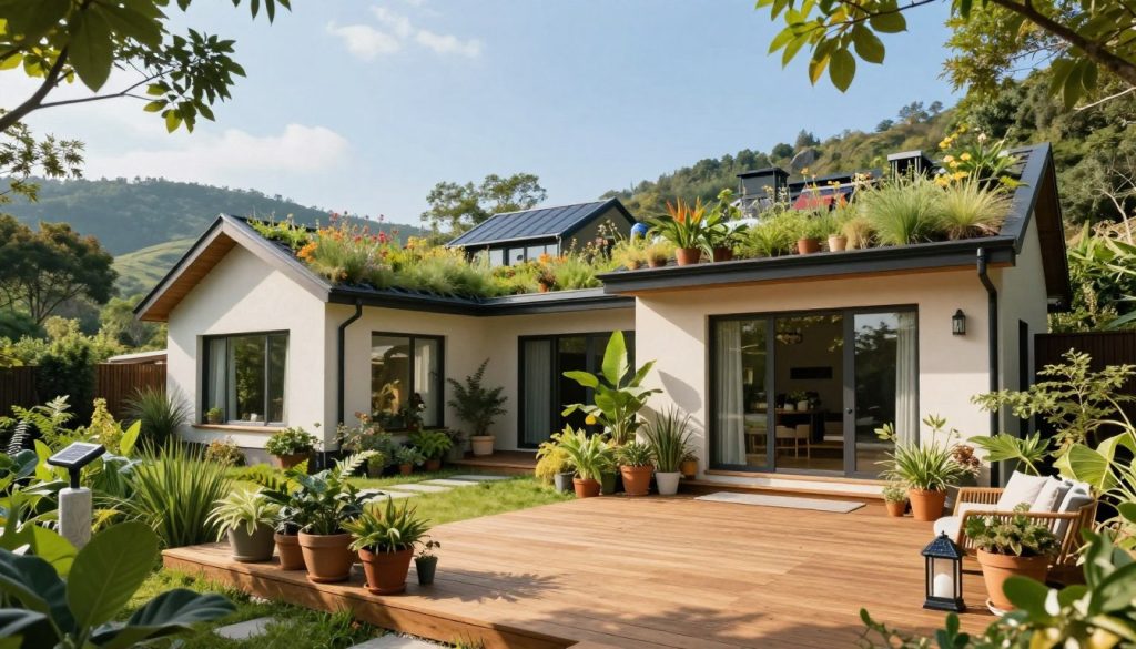 A modern eco-conscious home design nestled among lush greenery, featuring large windows that bring in abundant natural light. In the foreground, a sustainable wooden deck with a cozy seating area, adorned with potted plants and solar-powered lanterns. The middle ground showcases a stylish home with a green roof covered in wildflowers, rainwater collection systems, and a garden of native plants. The background features gently rolling hills under a clear blue sky, with soft sunlight filtering through the trees, creating a warm, inviting atmosphere. Compositionally, use a wide-angle lens to capture the entire scene, emphasizing harmony with nature. The overall mood is serene and rejuvenating, reflecting a commitment to an eco-conscious lifestyle.