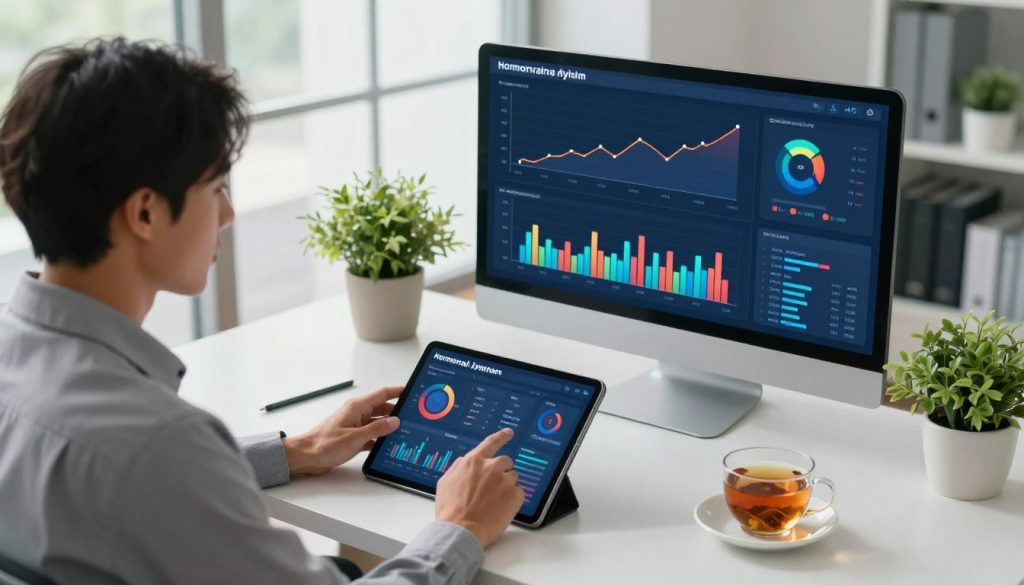 A modern office background featuring a sleek desk with a digital productivity dashboard displaying hormonal rhythm data, colorful graphs, and charts. In the foreground, a focused professional wearing business attire interacts with a tablet, analyzing the data with a thoughtful expression. Soft, natural lighting filters through large windows, creating a welcoming and energetic atmosphere. In the middle, motivational elements like green plants and a cup of herbal tea enhance the productivity theme. The entire scene conveys a harmonious blend of technology and wellness, showcasing the importance of hormonal awareness in boosting personal effectiveness, with a clean and organized aesthetic. The image is captured from a slightly elevated angle to provide a comprehensive view of the workspace.