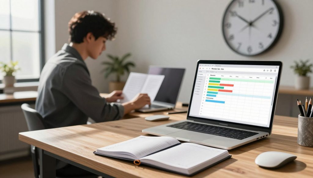 A modern office desk setup illustrating a time management system in action. In the foreground, a sleek laptop displays an organized digital planner with color-coded tasks. A stylish planner book lies open, emphasizing notes and goals. In the middle ground, a focused professional in business attire sits at the desk, actively engaged in reviewing their schedule, surrounded by a cozy ambiance. A large wall clock can be seen, symbolizing the importance of time. The background features a window with natural light flooding in, creating an inviting atmosphere. Soft shadows play across the desk, and the overall mood is productive and inspiring. Ideal for showcasing effective planning and organization techniques. A modern office desk setup illustrating a time management system in action. In the foreground, a sleek laptop displays an organized digital planner with color-coded tasks. A stylish planner book lies open, emphasizing notes and goals. In the middle ground, a focused professional in business attire sits at the desk, actively engaged in reviewing their schedule, surrounded by a cozy ambiance. A large wall clock can be seen, symbolizing the importance of time. The background features a window with natural light flooding in, creating an inviting atmosphere. Soft shadows play across the desk, and the overall mood is productive and inspiring. Ideal for showcasing effective planning and organization techniques.