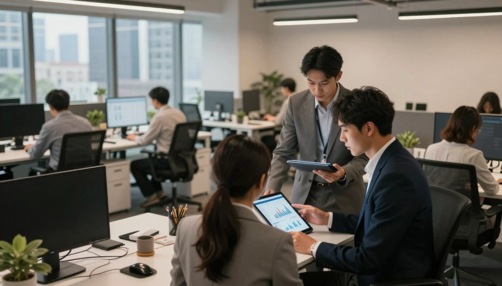 A modern office environment symbolizing productivity optimization. In the foreground, a diverse group of three professionals, two men and one woman, dressed in smart business attire, engaged in focused discussions while examining digital tablets displaying productivity charts. In the middle, a sleek, organized workspace with ergonomic furniture, ambient lighting that creates a warm and inviting atmosphere, and minimalist decor emphasizing efficiency. The background features large windows revealing a city skyline, highlighting a sense of innovation and growth. Use soft natural lighting to enhance the mood of collaboration and motivation, captured from a slightly elevated angle to emphasize the interactions among the team, depicting a dynamic and forward-thinking approach to productivity optimization.