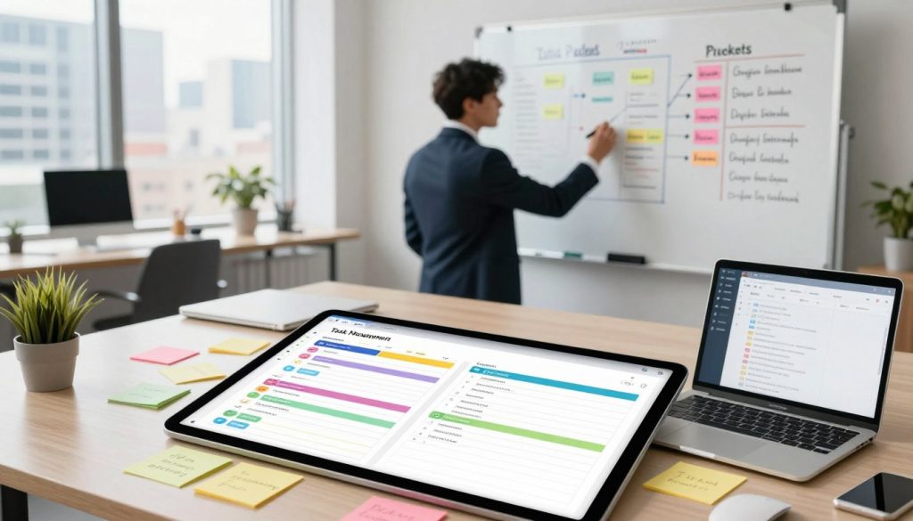 A modern office workspace is filled with various task management tools. In the foreground, a well-organized desk showcases a sleek digital planner with color-coded tasks, sticky notes with reminders, and a laptop displaying a productivity app. The middle layer features a focused business professional dressed in smart attire, intensely writing on a whiteboard filled with prioritized task categories and timelines. In the background, a large window allows natural light to illuminate the space, highlighting a bustling cityscape outside, symbolizing productivity and ambition. The mood is dynamic and motivational, conveying a sense of clarity and purpose in effective task prioritization. The perspective is slightly angled from above, emphasizing the organized chaos of productivity tools while maintaining a professional atmosphere. A modern office workspace is filled with various task management tools. In the foreground, a well-organized desk showcases a sleek digital planner with color-coded tasks, sticky notes with reminders, and a laptop displaying a productivity app. The middle layer features a focused business professional dressed in smart attire, intensely writing on a whiteboard filled with prioritized task categories and timelines. In the background, a large window allows natural light to illuminate the space, highlighting a bustling cityscape outside, symbolizing productivity and ambition. The mood is dynamic and motivational, conveying a sense of clarity and purpose in effective task prioritization. The perspective is slightly angled from above, emphasizing the organized chaos of productivity tools while maintaining a professional atmosphere.