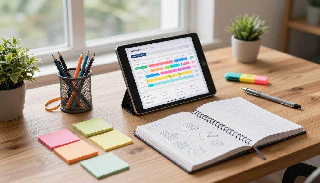 A modern productivity planning framework displayed on a sleek wooden desk. In the foreground, colorful sticky notes and open notebooks filled with diagrams and lists symbolize organization and creativity. The middle ground features a digital tablet showing a visually appealing project timeline, surrounded by neatly arranged stationery, such as pens and highlighters. In the background, a large window allows natural daylight to illuminate the scene, creating a bright and inviting atmosphere. A potted plant adds a touch of greenery, enhancing the workspace's freshness. The overall mood is inspiring and focused, reflecting a sense of clarity and strategic planning. The image is shot from a slightly elevated angle, emphasizing the framework's structure and elements.