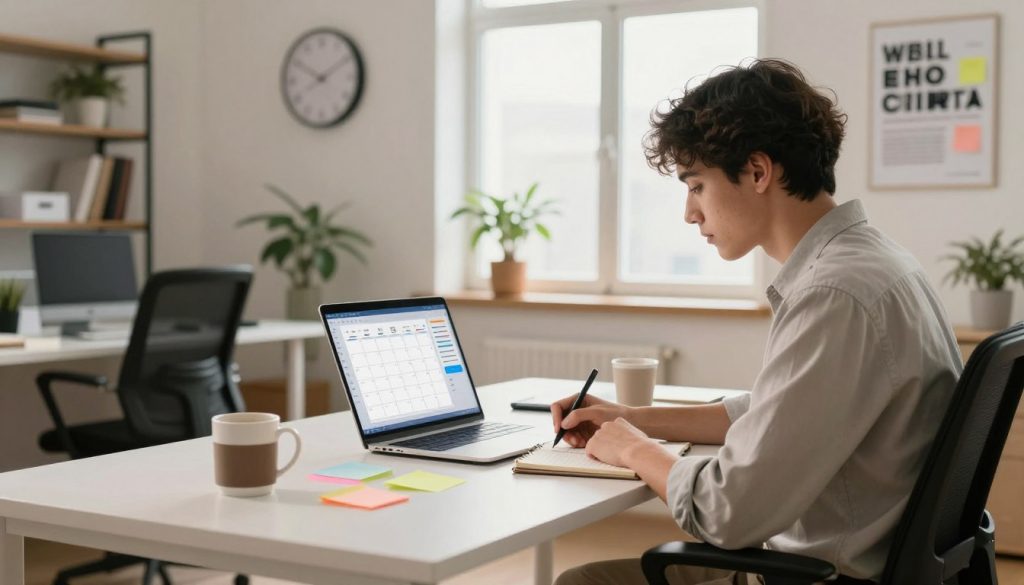 A modern, well-organized workspace featuring a sleek desk and ergonomic chair, with a laptop displaying a digital calendar and productivity app. In the foreground, a focused young professional in business casual attire, jotting down notes on a notepad, surrounded by colorful sticky notes and a coffee mug. In the middle, an open window letting in natural light, illuminating a wall clock and a plant, enhancing the atmosphere of efficiency. In the background, a contemporary office decor with bookshelves and motivational posters. The scene conveys a productive and inspiring mood, with soft, warm lighting that enhances the feeling of calm and focus. The angle captures depth, providing a dynamic view of the workflow optimization environment. A modern, well-organized workspace featuring a sleek desk and ergonomic chair, with a laptop displaying a digital calendar and productivity app. In the foreground, a focused young professional in business casual attire, jotting down notes on a notepad, surrounded by colorful sticky notes and a coffee mug. In the middle, an open window letting in natural light, illuminating a wall clock and a plant, enhancing the atmosphere of efficiency. In the background, a contemporary office decor with bookshelves and motivational posters. The scene conveys a productive and inspiring mood, with soft, warm lighting that enhances the feeling of calm and focus. The angle captures depth, providing a dynamic view of the workflow optimization environment.