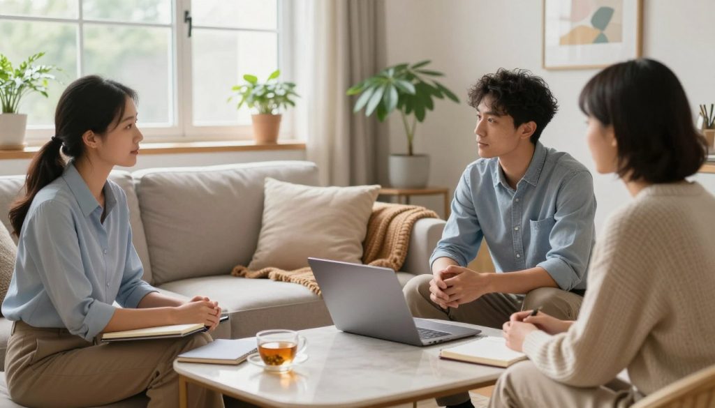 A serene and harmonious indoor space designed for lifestyle assessment. In the foreground, a diverse group of three individuals—one woman in a professional blouse, one man in a casual yet neat shirt, and another person in a cozy sweater—are sitting around a stylish coffee table covered with notebooks, a laptop, and a cup of herbal tea, engaged in thoughtful discussion. The middle ground features a cozy couch adorned with soft cushions and a warm throw blanket. In the background, large windows let in soft, natural light, illuminating the room decorated with potted plants and calming artwork. The atmosphere is peaceful and introspective, evoking a sense of calm and clarity. Use a soft-focus lens with warm lighting to enhance the inviting mood.