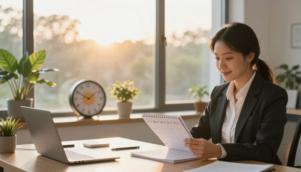 A serene and harmonious workspace at sunrise, designed to reflect the concept of body clock alignment. In the foreground, a professional individual dressed in business attire is seen looking at a planner, with a gentle smile hinting at a well-structured daily schedule. In the middle ground, a large window reveals the soft, golden light of dawn illuminating the room. Plants and a sunrise-themed clock are strategically placed to emphasize the connection to natural rhythms. The background features a calming scene of nature outside, with trees bathed in warm light, creating an atmosphere of tranquility and productivity. The composition is bright and uplifting, showcasing the potential for an optimized daily routine that aligns with the body's natural rhythms.