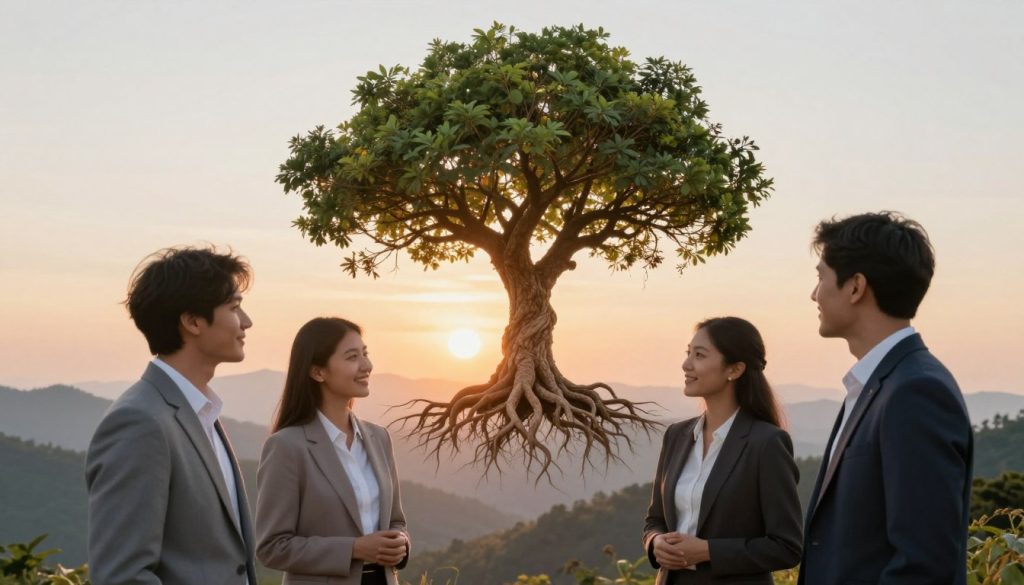 A serene and inspiring scene illustrating mindset transformation. In the foreground, a diverse group of three individuals in professional business attire stands together, smiling and engaged in conversation, symbolizing collaboration and growth. The middle layer showcases a vibrant tree with roots and branches intertwining, representing deep-rooted beliefs evolving into new perspectives. The background features a sunrise illuminating a horizon filled with mountains, symbolizing new opportunities and hope. Soft, warm lighting enhances the uplifting mood, while a slight lens flare adds a magical touch. The angle should provide a slightly elevated view, accentuating the individuals and the tree in harmony, capturing the essence of intentional change and personal growth.