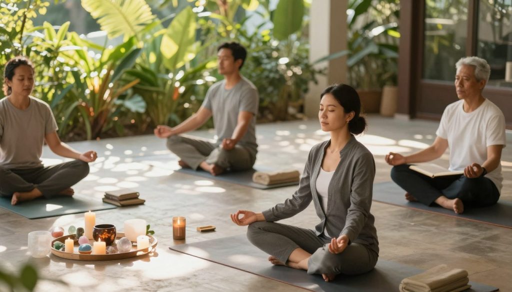 A serene and inviting daily energy practice scene, featuring a diverse group of individuals engaging in various energy-aligned activities. In the foreground, a woman in professional casual attire meditates on a yoga mat, eyes closed, surrounded by healing crystals and candles. In the middle, a man performs gentle yoga poses, harmonizing with nature, while another person journals thoughtfully. The background depicts a tranquil outdoor setting, with vibrant greenery and soft sunlight filtering through leaves, creating playful dappled light. The atmosphere is calm and grounding, evoking a sense of peace and connection to one's energy. Use soft, warm lighting to enhance the inviting feel, captured from a slightly elevated angle to provide a comprehensive view of the practice area.