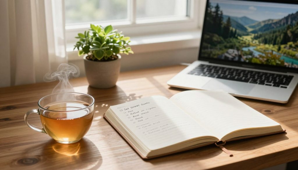 A serene and motivational workspace featuring an open journal on a wooden desk, with a neatly written personal growth plan visible with action items like "Set SMART Goals" and "Reflect on Progress." In the foreground, a steaming cup of herbal tea to symbolize mindfulness. In the middle, a soft green plant and a computer laptop displaying peaceful nature images to inspire creativity. The background showcases a warm, sunlit window with sheer curtains, allowing natural light to flow in, creating an inviting atmosphere. The scene should evoke a sense of calm and focus, with gentle shadows enhancing the depth, shot from a slightly elevated angle to capture the workspace's inviting details.