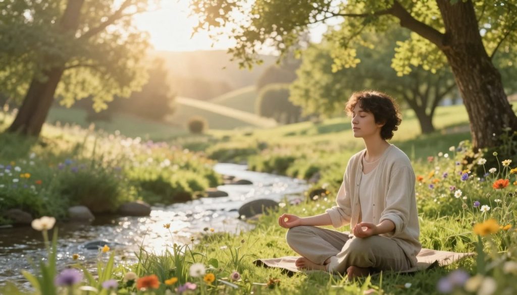 A serene and uplifting scene depicting the inner healing process. In the foreground, a young adult sitting cross-legged on a soft, grassy surface, eyes closed in a meditative state, wearing modest, comfortable clothing. Surrounding them are gentle rays of sunlight breaking through a canopy of trees, creating a warm, golden glow. In the middle ground, a flowing stream reflects the light, symbolizing the flow of emotions and thoughts. Soft, colorful wildflowers dot the landscape, adding to the feeling of renewal and growth. In the background, lush greenery and gentle hills evoke a sense of tranquility and safety. The atmosphere is peaceful, inspiring a feeling of introspection and renewal, captured with a soft-focus lens to enhance the warmth and emotional depth of the scene.
