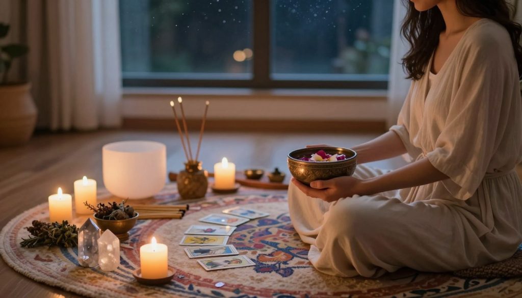 A serene evening setting for a spiritual healing ritual, capturing a tranquil indoor space infused with soft, warm candlelight. In the foreground, a woman in modest, flowing attire sits cross-legged on a plush, colorful rug, surrounded by crystals, incense sticks, and healing herbs. She gently holds a small, ornate bowl filled with water and flower petals. In the middle, a low table adorned with symbolic items like sage and tarot cards is softly lit. In the background, a large window reveals a starry night sky, casting a soothing glow. The atmosphere is calm and peaceful, evoking a sense of restoration and connection to feminine energy. Use soft focus and a warm color palette to enhance the meditative mood.