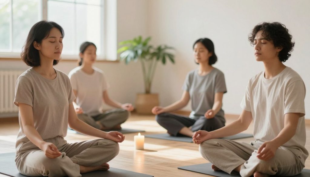 A serene indoor scene showcasing mindfulness practices. In the foreground, a diverse group of three individuals (two women and one man) sitting cross-legged on soft mats, wearing comfortable, modest clothing. They are engaged in a guided meditation, eyes closed, with peaceful expressions. In the middle ground, a gently flickering candle and a small indoor plant enhance the tranquil setting. In the background, soft natural light streams through a large window, illuminating the space and casting gentle shadows. The overall mood is calm and inviting, evoking a sense of daily peace and harmony. The image is captured with a soft-focus lens, emphasizing the warm, soothing colors that promote relaxation and mindfulness.