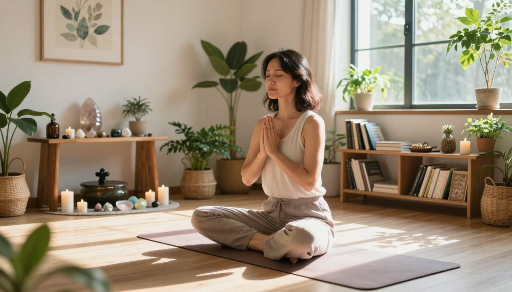 A serene indoor space dedicated to feminine energy wellness, featuring a woman in modest, casual attire practicing yoga on a soft mat surrounded by plants. The scene includes a beautifully arranged altar with crystals, candles, and a small water fountain, creating a calming atmosphere. Natural light streams in from a large window, casting soft shadows and illuminating the space. In the background, there are bookshelves filled with wellness guides and herbal remedies, while tranquil art pieces evoke a sense of peace and balance. The focus is on the woman's gentle expression, embodying harmony and self-care as she engages in her wellness routine, inviting viewers to connect with their own feminine energy.
