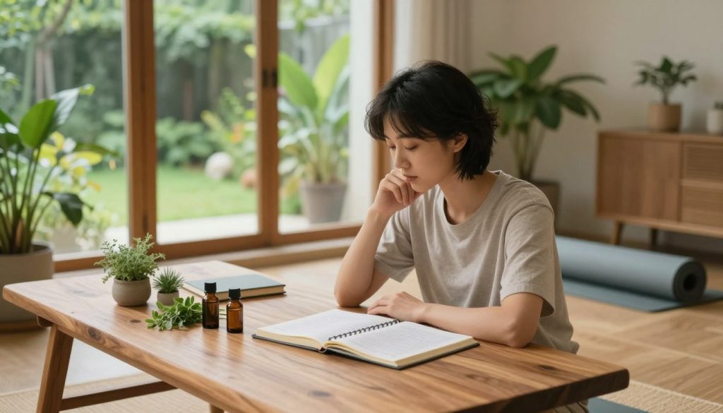 A serene indoor space showcasing intuitive living practices. In the foreground, a calm individual in modest casual clothing thoughtfully plans their wellness routine at a natural wood table adorned with organic herbs, essential oils, and a journal. The middle ground features soft, ambient lighting filtering through large windows that provide a view of a lush garden, enhancing the atmosphere of tranquility. In the background, indoor plants create a fresh and vibrant environment, paired with a cozy yoga mat rolled out, inviting movement and mindfulness. The overall mood is peaceful and inspiring, capturing the essence of a tailored wellness journey, with a warm color palette emphasizing natural materials and a sense of well-being.