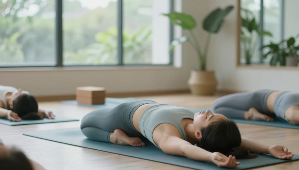 A serene indoor yoga studio bathed in soft, natural light filtering through large windows, with gentle plants in the background. In the foreground, a person practicing a gentle yoga pose, such as the child's pose, wearing comfortable and modest yoga attire, displaying a look of calm and focus. The middle ground features a yoga mat and props like blocks and straps, arranged thoughtfully to encourage a sense of tranquility. The atmosphere is peaceful, evoking feelings of recovery and renewal. The overall color palette is soft and soothing, with pastel hues of blue and green, creating a harmonious environment ideal for burnout recovery. The angle captures the essence of introspection and relaxation, inviting viewers to consider their own journey to wellness. A serene indoor yoga studio bathed in soft, natural light filtering through large windows, with gentle plants in the background. In the foreground, a person practicing a gentle yoga pose, such as the child's pose, wearing comfortable and modest yoga attire, displaying a look of calm and focus. The middle ground features a yoga mat and props like blocks and straps, arranged thoughtfully to encourage a sense of tranquility. The atmosphere is peaceful, evoking feelings of recovery and renewal. The overall color palette is soft and soothing, with pastel hues of blue and green, creating a harmonious environment ideal for burnout recovery. The angle captures the essence of introspection and relaxation, inviting viewers to consider their own journey to wellness.
