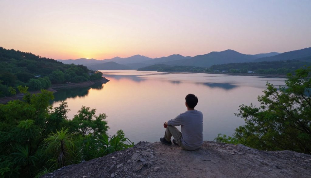 A serene, introspective scene depicting a person sitting on a rocky cliff overlooking a tranquil lake during sunrise. In the foreground, the individual, dressed in modest casual clothing, is engaged in deep reflection, surrounded by nature. Their body language conveys a sense of contemplation and openness. In the middle ground, lush green trees and gentle waves in the lake mirror the pastel colors of the sky, suggesting clarity and renewal. The background features distant mountains softly illuminated by the golden light of dawn, creating a peaceful and hopeful atmosphere. The composition should have soft, diffused lighting to evoke a sense of calm, with a wide-angle perspective that captures the beauty and vastness of the landscape, reinforcing the theme of self-discovery.