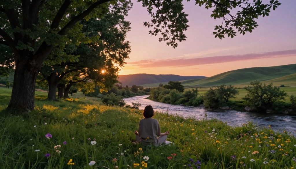 A serene landscape depicting a person engaging in mindful practices that reflect living in alignment with natural rhythms. In the foreground, a person dressed in comfortable, modest clothing is meditating in a lush green meadow, surrounded by blooming wildflowers, embodying tranquility. The middle ground features a flowing river under a canopy of trees, with dappled sunlight filtering through the leaves, casting gentle, golden rays on the scene. In the background, rolling hills meet a soft gradient sky at sunset, with warm hues of orange, pink, and purple merging beautifully. The atmosphere is peaceful and harmonious, inviting a sense of connection to nature. The composition is captured from a slightly elevated angle, highlighting both the individual and the expansive natural environment, evoking a sense of calm and alignment with the rhythms of nature.