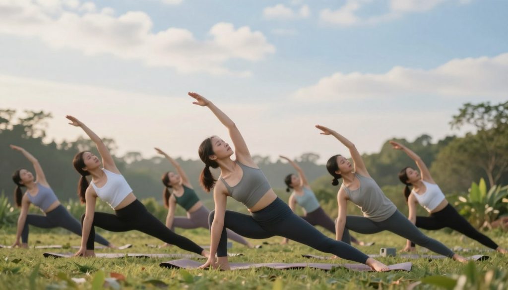 A serene morning yoga scene reflecting feminine energy and empowerment. In the foreground, a diverse group of women practicing yoga poses, dressed in comfortable, modest athletic wear, exuding confidence and tranquility. The middle ground features a peaceful outdoor setting, with soft grass beneath their feet and lush greenery surrounding them. A gentle morning light bathes the scene, creating a warm and inviting atmosphere. The background showcases a calm, blue sky with soft, wispy clouds, enhancing the overall sense of serenity. Capture the essence of connection and empowerment, with the women embodying grace and strength, shining with inner light as they cultivate their feminine energy through their practice. Use a soft focus lens to create an ethereal quality, blending colors harmoniously to evoke calmness and inspiration.