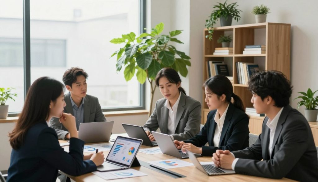 A serene office environment illustrating "peak performance strategies." In the foreground, a diverse group of professionals, dressed in smart business attire, engage in a focused discussion around a modern conference table, with charts and digital tablets in front of them. The middle ground features a large window with natural light streaming in, highlighting a vibrant indoor plant that symbolizes growth and vitality. In the background, a minimalistic bookshelf filled with motivational books and plants adds warmth to the space. Soft light filters through the window, creating a calm and inspiring atmosphere. The overall mood is one of productivity, collaboration, and forward-thinking, with an emphasis on harmony and balance in the workplace.