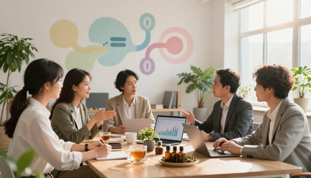 A serene office environment representing hormonal wellness, featuring a harmonious blend of nature and workspace. In the foreground, a diverse group of professionals in modest, smart business attire are engaged in a dynamic discussion, surrounded by plants and wellness elements like essential oils and herbal tea. The middle ground showcases a modern desk with productivity tools, a laptop displaying graphs of hormonal health data, and sunlight streaming through large windows, creating an inviting and energetic atmosphere. In the background, soft abstract shapes symbolize hormones, intertwining in calming pastel colors. The lighting is warm and soft, evoking a sense of balance and focus, while a gentle lens blur adds a dreamlike quality that inspires maximum productivity potential.