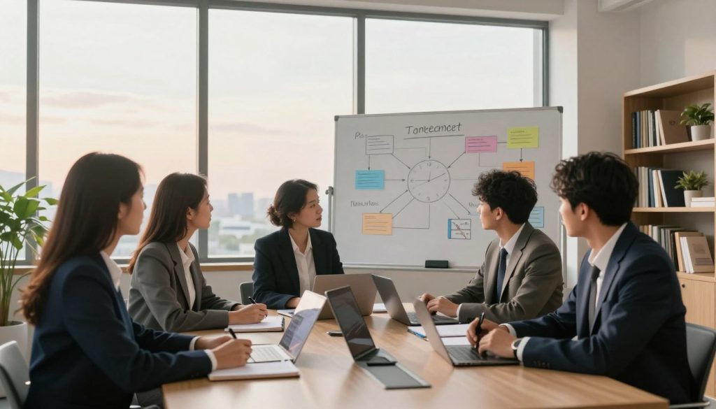 A serene office environment with a large window showcasing a bright morning sky. In the foreground, a diverse group of three professionals, dressed in smart business attire, sit around a sleek conference table filled with notebooks, planners, and digital devices, actively engaging in a time management strategy session. The middle ground features a whiteboard covered in colorful diagrams and flowcharts, illustrating various time management techniques. Soft, natural lighting floods the space, creating a warm atmosphere. The background shows a neatly organized bookshelf, symbolizing knowledge and productivity, with plants adding a touch of vitality. The overall mood is focused and collaborative, epitomizing effective time management for achieving a flow-based lifestyle.