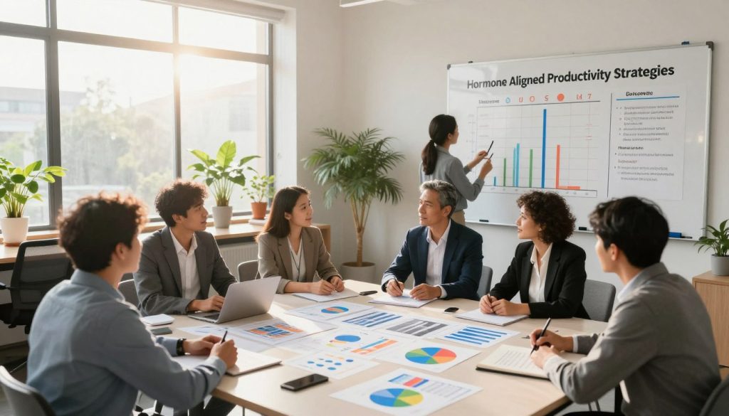 A serene office setting illustrating "Hormone Aligned Productivity Strategies" as a central theme. In the foreground, a diverse group of professionals dressed in business attire engage in dynamic discussions around a large table filled with charts and inspiring visuals. The middle showcases an open light-filled workspace with plants, conveying a calm atmosphere. On one side, a large whiteboard charts hormone levels and corresponding productivity strategies, reflecting a blend of science and practical application. The background features large windows with soft sunlight filtering in, creating a warm inviting ambiance. Use a wide-angle lens to capture the collaborative energy, with natural lighting enhancing the overall sense of motivation and focus. The mood should be uplifting and professionally inspiring.