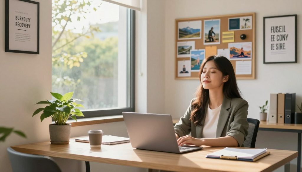 A serene office space featuring a well-organized desk with a laptop, a cozy plant, and motivational quotes framed on the wall. In the foreground, a professional in smart casual attire closes their laptop, exuding a sense of relief and renewed energy. The middle ground showcases a vision board filled with colorful images of self-care activities such as hiking, yoga, and reading, symbolizing various burnout recovery strategies. The background is a large window letting in soft, warm sunlight, illuminating the room and creating a tranquil atmosphere. A peaceful scene outside shows green trees swaying gently in the breeze, enhancing a sense of calm and hope. The overall mood is uplifting, inspiring progress on a sustainable path forward after burnout. A serene office space featuring a well-organized desk with a laptop, a cozy plant, and motivational quotes framed on the wall. In the foreground, a professional in smart casual attire closes their laptop, exuding a sense of relief and renewed energy. The middle ground showcases a vision board filled with colorful images of self-care activities such as hiking, yoga, and reading, symbolizing various burnout recovery strategies. The background is a large window letting in soft, warm sunlight, illuminating the room and creating a tranquil atmosphere. A peaceful scene outside shows green trees swaying gently in the breeze, enhancing a sense of calm and hope. The overall mood is uplifting, inspiring progress on a sustainable path forward after burnout.