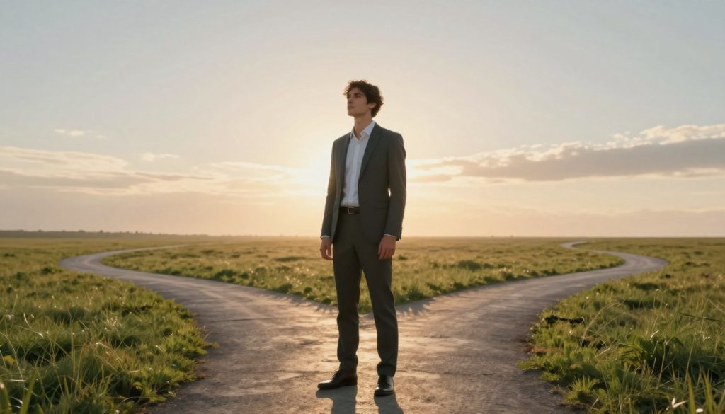 A serene, reflective environment featuring a human figure standing at a crossroads, embodying a mindset shift. In the foreground, the figure is dressed in professional business attire, with an expression of determination and introspection. The middle ground showcases two diverging paths, one leading towards a bright, open landscape symbolizing opportunity, and the other fading into shadows representing past limitations. The background reveals an expansive sky transitioning from dawn to daylight, signifying hope and new beginnings. Soft, warm lighting bathes the scene, creating an uplifting and transformative atmosphere. The angle captures the figure from a slightly low perspective, emphasizing their journey and the pivotal moment of choice in their identity renewal.