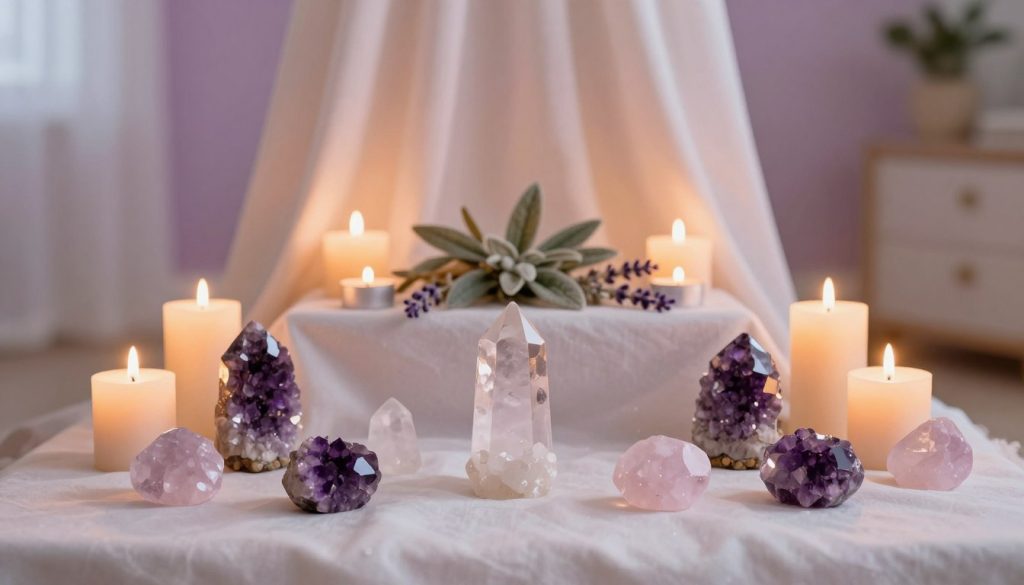 A serene sacred space designed for daily rituals, featuring a variety of colorful crystals—amethyst, clear quartz, and rose quartz—arranged artfully on a soft, white cloth in the foreground. Delicate candles of different heights, lightly flickering, are placed around the crystals, casting a warm, inviting glow. In the middle, a small altar with a gentle, flowing fabric backdrop, adorned with plants like sage or lavender, enhances the tranquility. The background showcases a softly lit room with calming, pastel colors, and subtle textures that promote relaxation. The atmosphere is peaceful and nurturing, inviting a sense of connection and introspection. The lighting is soft and ethereal, emphasizing a gentle glow that envelops the scene, enhancing the sacred and feminine energy.
