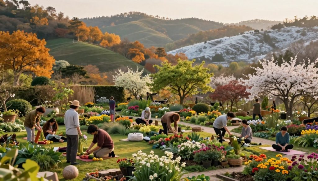 A serene scene depicting seasonal living in harmony with nature. In the foreground, a diverse group of people, dressed in modest casual clothing, engage in seasonal activities like harvesting autumn fruits, gathering spring flowers, or practicing yoga outdoors. The middle of the image showcases a picturesque garden, lush with greenery, blooming flowers in vibrant colors, and rustic pathways. In the background, rolling hills transition through seasonal hues—golden autumn leaves, fresh spring blooms, and winter's serene white landscape. The lighting is soft and warm, suggesting either a sunrise or sunset, casting gentle shadows that enhance the peaceful atmosphere. The scene conveys a sense of tranquility and balance, inviting viewers to embrace the natural rhythms of the seasons for holistic wellness.