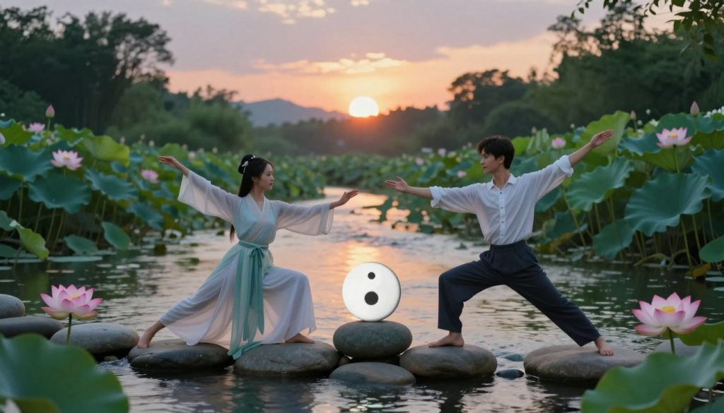 A serene scene representing the balance of yin and yang energies, featuring a tranquil setting with a gentle river flowing through lush greenery. In the foreground, two figures gracefully embody the yin and yang concepts; one dressed in soft, flowing clothing symbolizing femininity, the other in tailored attire reflecting masculinity, positioned in a harmonious pose that suggests cooperation. The middle ground showcases smooth stones and blooming lotus flowers, adding to the peaceful ambiance. The background reveals a soft sunset with warm hues blending into cool twilight, casting a golden glow that illuminates the scene. The lighting is soft and ethereal, creating a calming atmosphere, with a focus on balance and unity within nature.