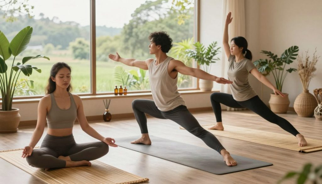 A serene wellness studio bathed in soft, natural light. In the foreground, a diverse group of three individuals practicing yoga together on bamboo mats, all dressed in comfortable, modest athletic wear. One person is in a meditative seated pose, another in a warrior pose, and the third is demonstrating a gentle stretch. In the middle ground, potted plants and essential oil diffusers create a tranquil ambiance. The background features large windows overlooking a lush green landscape, with gentle sunlight pouring in, enhancing the peaceful atmosphere. Soft, warm colors dominate the palette, evoking a sense of calm and relaxation. The overall mood conveys harmony and balance, embodying the essence of holistic wellness practices.