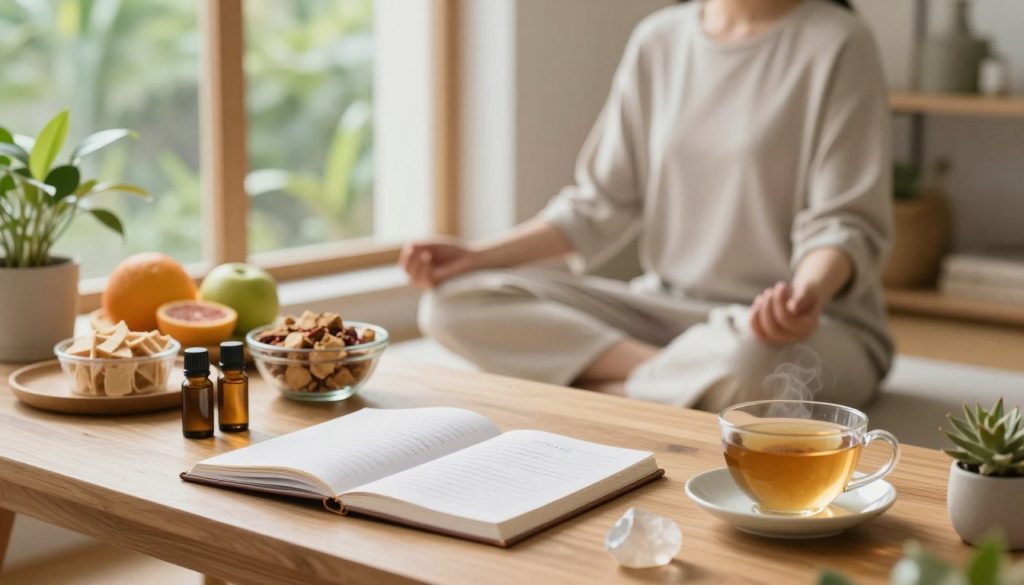A serene workspace filled with natural light and lush plants, embodying holistic health strategies. In the foreground, a wooden desk with neatly arranged tools for wellness planning: a journal, essential oils, a crystal, and a cup of herbal tea. In the middle, a gentle figure in modest casual clothing, reflecting a calm demeanor, engaged in reflection or meditation, surrounded by an array of healthy snacks and vibrant fruits. In the background, a large window showcasing greenery outside, creating a peaceful atmosphere. Soft, warm lighting enhances the tranquil feel, reminiscent of a cozy wellness retreat. The image should evoke feelings of harmony, balance, and intuitive living, illustrating the concept of tailored health practices.