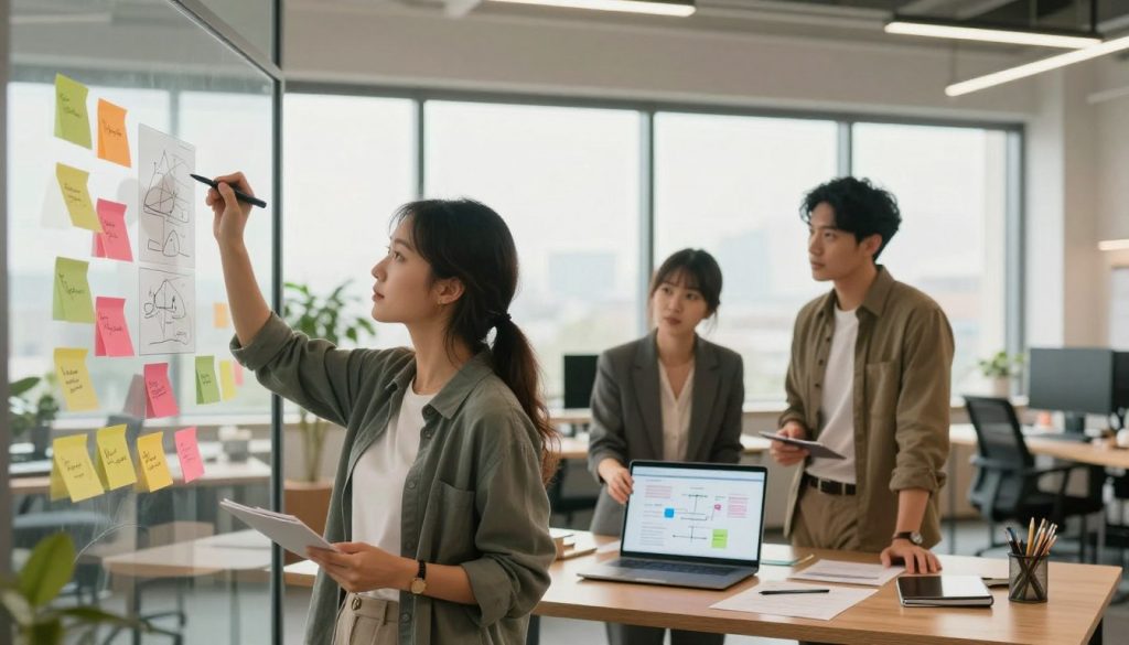 A serene workspace reflecting a design mindset, featuring a diverse group of three professionals engaged in collaborative brainstorming. In the foreground, a woman in smart casual attire writes on a glass board filled with colorful sticky notes and diagrams, symbolizing brainstorming techniques. In the middle, a man and a woman, both dressed in professional business attire, analyze a flowchart displayed on a laptop, showcasing design thinking processes. The background reveals a modern office with large windows letting in soft, natural light, creating a warm and inviting atmosphere. The overall mood is focused, innovative, and inspiring, highlighting self-awareness and creativity in a design-oriented environment. Use a wide-angle lens to capture the energy and collaboration of the space.