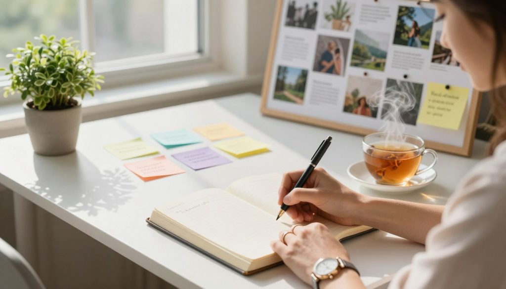 A serene workspace scene depicting a modern desk with an open journal, a steaming cup of herbal tea, and a potted plant. In the foreground, a pair of hands, wearing a stylish watch and simple rings, are actively writing in the journal. In the middle ground, colorful sticky notes with essential intentional living tips are scattered, alongside a vision board filled with images of nature, wellness, and community connections. The background features large windows allowing soft, natural light to flood the space, casting gentle shadows. The atmosphere is calm and focused, evoking a sense of reflection and purposeful action towards building an intentional life. The composition is photographed from a slightly elevated angle for depth, creating an inviting ambiance that inspires a transformative approach to personal growth.