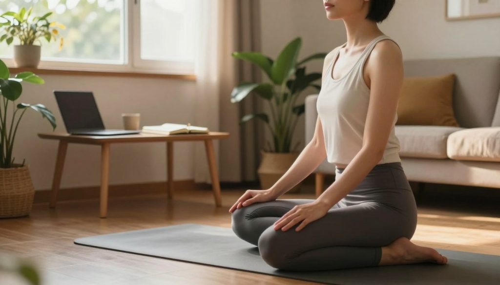 A tranquil indoor scene depicting a balanced daily routine for energy alignment, showcasing a cozy living room bathed in warm afternoon light. In the foreground, a person dressed in smart casual attire is engaged in yoga or meditation, portraying focus and serenity. The middle ground features a neatly arranged workspace with a laptop, a journal, and a plant, symbolizing productivity and calm. In the background, soft sunlight streams through a window, illuminating soothing colors of the room, with a hint of nature visible outside to enhance the connection with the outdoors. The atmosphere is peaceful and inviting, emphasizing balance and a sense of rejuvenation as the day transitions into evening.