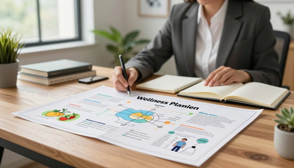 Create an image of an intuitive wellness planning blueprint. In the foreground, illustrate a detailed, colorful blueprint on a wooden desk, featuring various wellness components such as nutrition diagrams, exercise plans, and mindfulness exercises. In the middle ground, include a person, dressed in professional business attire, thoughtfully reviewing the blueprint, surrounded by open notebooks and wellness resources. The background should depict a serene office setting with natural light streaming through large windows, plants for a calming effect, and motivational artwork on the walls. Use a soft focus for the background to maintain attention on the blueprint and the person. The overall atmosphere should be calm, organized, and inspiring, conveying a sense of purpose and clarity in wellness planning.