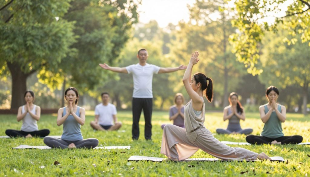 In a serene morning setting, a diverse group of individuals engaging in energy flow practices, including yoga and tai chi, in a sun-drenched park surrounded by lush greenery. The foreground features a woman in a flowing, modest outfit performing a graceful yoga pose, her face radiating tranquility. In the middle ground, a man in professional yoga attire is guiding a small group in meditation, emphasizing connection and harmony. The background shows trees gently swaying in the breeze with soft sunlight filtering through the leaves, creating a warm, inviting aura. The atmosphere should evoke a sense of serenity and renewal, captured with a soft focus using a wide-angle lens to enhance depth and dimension, while maintaining a bright and uplifting color palette.
