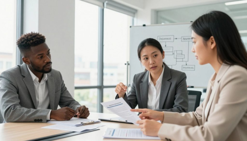 A bright, modern office setting with an open layout. In the foreground, a diverse group of three professionals, dressed in smart business attire, are intently discussing various insurance plan documents spread out on a sleek conference table. One individual, a woman of Asian descent, points to a document, emphasizing a key detail, while the others, a Black man and a Hispanic woman, visibly engage in the conversation, nodding in agreement. In the middle background, a large window lets in natural light, illuminating the room and adding a sense of optimism. A whiteboard on one side displays a simple flowchart of the insurance selection process. The atmosphere is collaborative and focused, suggesting a constructive decision-making process. The angle is slightly elevated, providing a clear view of the interaction and documents.