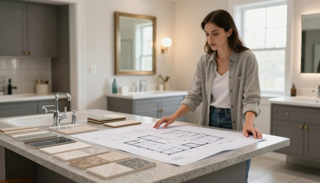 A bright, well-lit bathroom remodeling planning scene set in a stylish, modern space. In the foreground, a slate gray countertop displays a variety of design samples, including tiles, color swatches, and faucet options, neatly arranged on a blueprint showing layout plans. A confident designer in smart casual attire is standing, gesturing towards a large blueprint spread on a nearby table, indicating a collaborative planning session. The middle ground features a beautifully framed mirror and luxury fixtures, subtly illuminated by warm, natural light streaming through a window. The background includes partially visible bathroom cabinetry and soft wall colors, creating an inviting atmosphere. Aim for an organized, focused mood, emphasizing goal-setting, budgeting, and scope planning in remodeling. Use a slightly angled perspective that invites the viewer into the scene, with soft shadows and highlights enhancing the ambiance.