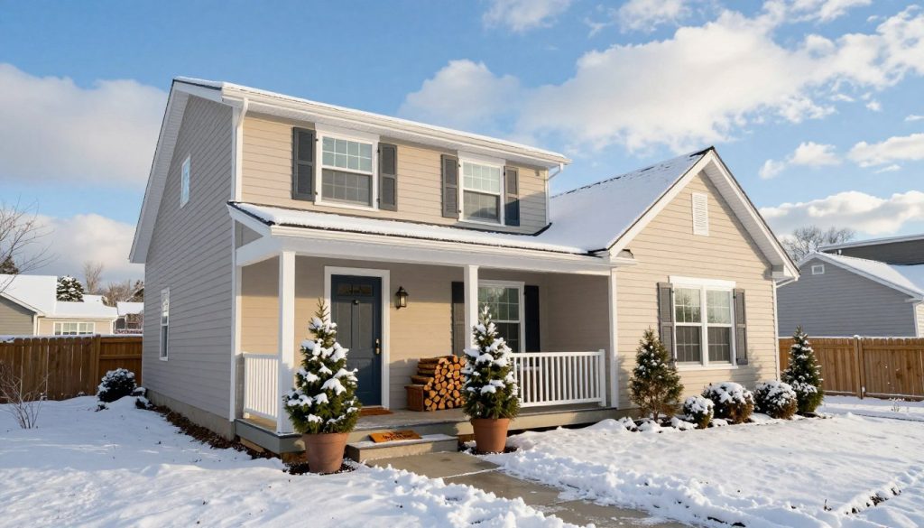 A cozy, inviting home exterior adorned for winter preparation. In the foreground, a well-kept porch displays a welcome mat and stacked firewood, surrounded by potted evergreen plants dusted with snow. The middle section features a charming two-story house with an updated roof, insulated windows, and freshly painted shutters. A snow-blanketed yard with a secure fence and tidily trimmed shrubs enhances the scene. In the background, a clear blue sky contrasts with fluffy white clouds, casting soft, warm sunlight over the home. The atmosphere conveys a sense of comfort and readiness for the winter season. The composition is shot at a slight angle to showcase the house's inviting features, emphasizing a peaceful winter morning. A cozy, inviting home exterior adorned for winter preparation. In the foreground, a well-kept porch displays a welcome mat and stacked firewood, surrounded by potted evergreen plants dusted with snow. The middle section features a charming two-story house with an updated roof, insulated windows, and freshly painted shutters. A snow-blanketed yard with a secure fence and tidily trimmed shrubs enhances the scene. In the background, a clear blue sky contrasts with fluffy white clouds, casting soft, warm sunlight over the home. The atmosphere conveys a sense of comfort and readiness for the winter season. The composition is shot at a slight angle to showcase the house's inviting features, emphasizing a peaceful winter morning.