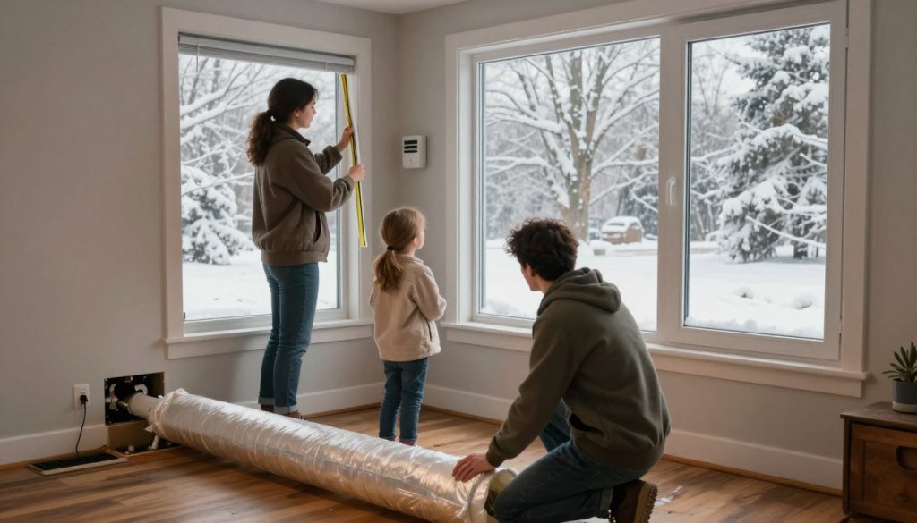 A cozy suburban home in preparation for winter, showcasing a family in modest casual clothing engaged in protective tasks. In the foreground, a person inspects exposed pipes in a basement, ensuring insulation is securely wrapped. The middle ground features another family member sealing windows with weather stripping and checking the thermostat. The background displays snow-capped trees and a clear winter sky, hinting at the cold to come. Soft, warm lighting creates a welcoming atmosphere, reflecting a sense of comfort and readiness. The scene is viewed from a slightly elevated angle, capturing the warmth of the home set against the cold, preparing effectively for the winter season. A cozy suburban home in preparation for winter, showcasing a family in modest casual clothing engaged in protective tasks. In the foreground, a person inspects exposed pipes in a basement, ensuring insulation is securely wrapped. The middle ground features another family member sealing windows with weather stripping and checking the thermostat. The background displays snow-capped trees and a clear winter sky, hinting at the cold to come. Soft, warm lighting creates a welcoming atmosphere, reflecting a sense of comfort and readiness. The scene is viewed from a slightly elevated angle, capturing the warmth of the home set against the cold, preparing effectively for the winter season.