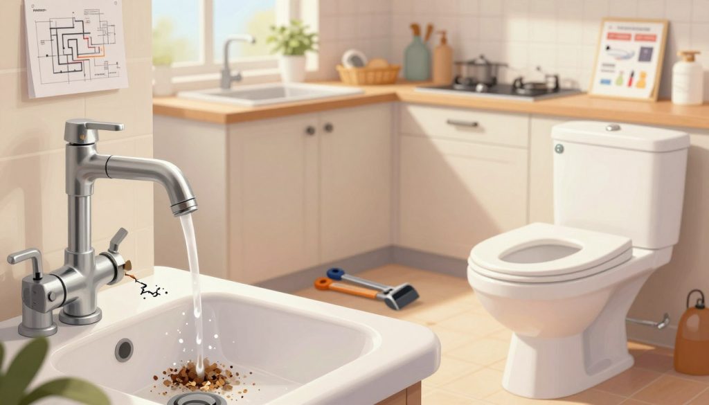 A detailed illustration of common plumbing problems in a home setting. In the foreground, showcase a leaking faucet with water dripping, a clogged sink with visible debris, and a running toilet with water splashing. In the middle ground, depict a pipe with a noticeable crack, along with tools like a wrench and plunger neatly placed nearby. The background features a well-lit, organized bathroom and kitchen, with plumbing schematics and repair manuals subtly displayed on a counter. Use soft, warm lighting to create a welcoming atmosphere, and incorporate a slight depth of field effect to emphasize the plumbing issues. The overall mood should be informative and practical, suitable for a home repair guide. No text or branding elements, just a clear focus on the plumbing problems. A detailed illustration of common plumbing problems in a home setting. In the foreground, showcase a leaking faucet with water dripping, a clogged sink with visible debris, and a running toilet with water splashing. In the middle ground, depict a pipe with a noticeable crack, along with tools like a wrench and plunger neatly placed nearby. The background features a well-lit, organized bathroom and kitchen, with plumbing schematics and repair manuals subtly displayed on a counter. Use soft, warm lighting to create a welcoming atmosphere, and incorporate a slight depth of field effect to emphasize the plumbing issues. The overall mood should be informative and practical, suitable for a home repair guide. No text or branding elements, just a clear focus on the plumbing problems.
