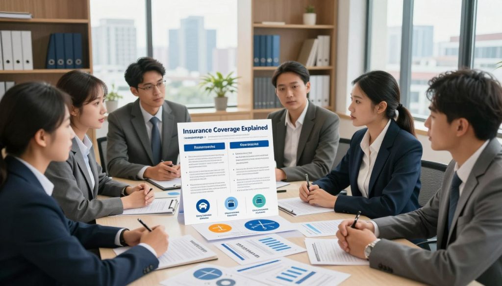 A detailed visual representation of "Insurance Coverage Explained", featuring a professional office environment. In the foreground, a diverse group of business professionals, dressed in smart business attire, engage in discussion around a large table littered with insurance policy documents, charts, and graphs. In the middle ground, a visually engaging infographic illustrating key insurance provisions and coverage details emerges from the table, with icons depicting various types of coverage, like health, auto, and home insurance. The background shows shelves filled with insurance books and a large window revealing a bright city skyline, symbolizing the breadth of insurance options. The lighting is soft and inviting, with a warm hue casting a professional yet approachable atmosphere, captured from a slightly elevated angle to provide a comprehensive view of the scene. A detailed visual representation of "Insurance Coverage Explained", featuring a professional office environment. In the foreground, a diverse group of business professionals, dressed in smart business attire, engage in discussion around a large table littered with insurance policy documents, charts, and graphs. In the middle ground, a visually engaging infographic illustrating key insurance provisions and coverage details emerges from the table, with icons depicting various types of coverage, like health, auto, and home insurance. The background shows shelves filled with insurance books and a large window revealing a bright city skyline, symbolizing the breadth of insurance options. The lighting is soft and inviting, with a warm hue casting a professional yet approachable atmosphere, captured from a slightly elevated angle to provide a comprehensive view of the scene.