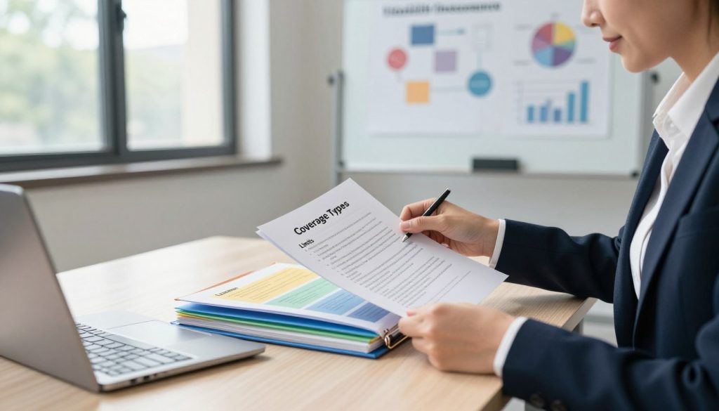 A detailed visualization of liability insurance coverage, featuring an organized desk in a well-lit, modern office setting. In the foreground, a professional businesswoman in formal attire is reviewing documents that outline various coverage aspects, such as bodily injury and property damage. The middle layer showcases a clear, open binder with color-coded sections labeled "Coverage Types," "Limits," and "Exclusions." The background includes a large window with sunlight streaming in, casting soft shadows, and a whiteboard filled with diagrams explaining the importance of liability insurance. The ambiance is serious yet approachable, encouraging a sense of professionalism and clarity. A detailed visualization of liability insurance coverage, featuring an organized desk in a well-lit, modern office setting. In the foreground, a professional businesswoman in formal attire is reviewing documents that outline various coverage aspects, such as bodily injury and property damage. The middle layer showcases a clear, open binder with color-coded sections labeled "Coverage Types," "Limits," and "Exclusions." The background includes a large window with sunlight streaming in, casting soft shadows, and a whiteboard filled with diagrams explaining the importance of liability insurance. The ambiance is serious yet approachable, encouraging a sense of professionalism and clarity.