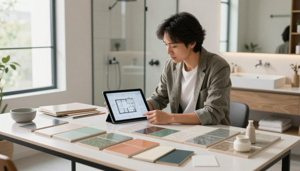 A modern bathroom design workspace, featuring a sleek, well-organized table with colorful samples of eco-friendly tiles, countertops, and paints scattered across it in the foreground. In the middle, a professional designer, dressed in business casual attire, examines a digital tablet displaying detailed blueprints for an efficient bathroom layout, illuminated by soft, natural lighting from large windows. The background showcases a beautifully rendered bathroom model with minimalist fixtures and practical storage solutions, reflecting a harmonious blend of style and functionality. The mood is inspiring and focused, conveying a sense of creativity and smart planning in bathroom remodeling.
