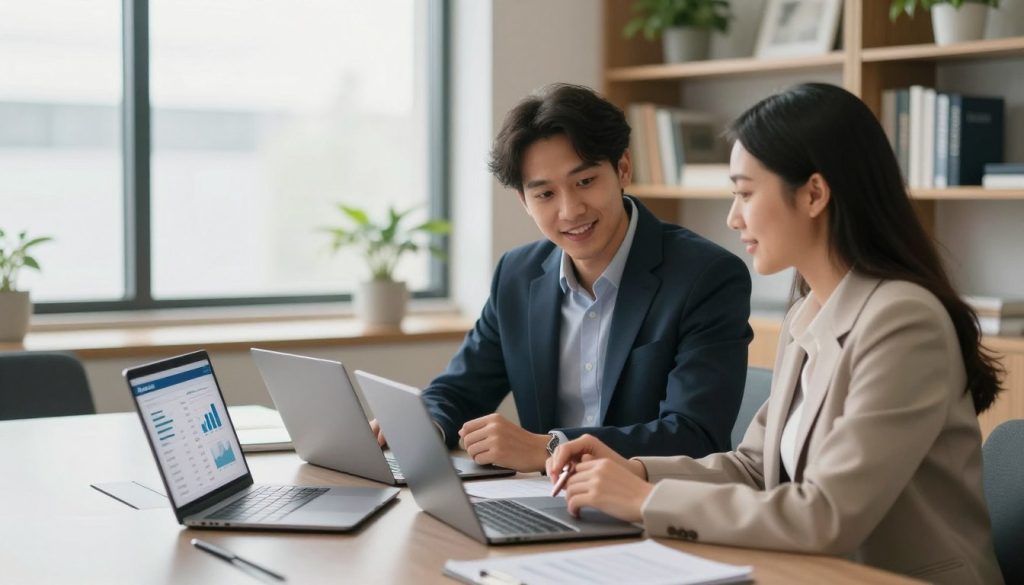 A modern office setting with two diverse professionals, one male and one female, seated at a sleek conference table with laptops open in front of them. In the foreground, they are reviewing bank account options displayed on digital devices, with charts and comparison tables visible. The middle ground features a large window allowing soft natural light to flood the room, enhancing the atmosphere of collaboration and friendliness. In the background, shelves are lined with financial books and plants, adding warmth to the space. The professionals are dressed in smart business attire, engaged in a thoughtful discussion, showcasing a positive and informative mood. The scene is captured from a slightly elevated angle, emphasizing the interaction and the focus on bank accounts. A modern office setting with two diverse professionals, one male and one female, seated at a sleek conference table with laptops open in front of them. In the foreground, they are reviewing bank account options displayed on digital devices, with charts and comparison tables visible. The middle ground features a large window allowing soft natural light to flood the room, enhancing the atmosphere of collaboration and friendliness. In the background, shelves are lined with financial books and plants, adding warmth to the space. The professionals are dressed in smart business attire, engaged in a thoughtful discussion, showcasing a positive and informative mood. The scene is captured from a slightly elevated angle, emphasizing the interaction and the focus on bank accounts.