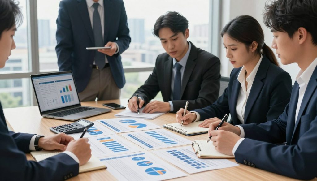 A professional business meeting scene depicting a diverse group of individuals in smart business attire engaged in a detailed discussion about insurance policies. In the foreground, a well-organized table covered with charts, graphs, and comparison sheets, showcasing insurance coverage options and costs, with a calculator and laptop open. In the middle ground, a focused individual pointing at a visual chart, while another member takes notes attentively. In the background, a large window allowing natural light to flood the room, offering a cityscape view that adds a modern touch. The atmosphere is collaborative and analytical, emphasizing careful consideration and professionalism, captured with soft, natural lighting from the window to create a warm, inviting environment.
