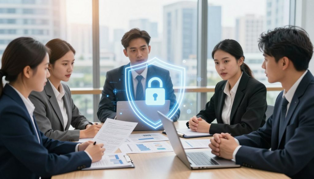 A professional business setting reflecting liability insurance coverage. In the foreground, a diverse group of individuals dressed in smart business attire engaged in a discussion around a large table, with paperwork and a laptop showing graphs and charts related to insurance. In the middle ground, a digital representation of a shield symbolizing protection overlays the paperwork, illustrating security. In the background, a subtle cityscape visible through large windows signifies a corporate environment. The lighting is bright and focused, creating a sense of clarity and professionalism, with a slight warm tint to enhance the atmosphere of trust and security. The angle captures the group dynamically, emphasizing collaboration and the importance of liability insurance for individuals and businesses alike. A professional business setting reflecting liability insurance coverage. In the foreground, a diverse group of individuals dressed in smart business attire engaged in a discussion around a large table, with paperwork and a laptop showing graphs and charts related to insurance. In the middle ground, a digital representation of a shield symbolizing protection overlays the paperwork, illustrating security. In the background, a subtle cityscape visible through large windows signifies a corporate environment. The lighting is bright and focused, creating a sense of clarity and professionalism, with a slight warm tint to enhance the atmosphere of trust and security. The angle captures the group dynamically, emphasizing collaboration and the importance of liability insurance for individuals and businesses alike.