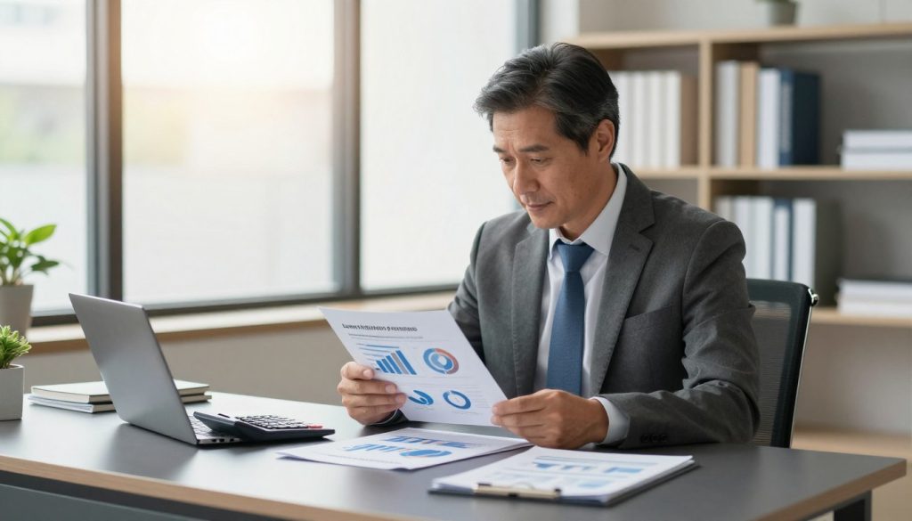 A professional insurance advisor in a modern office setting, seated at a sleek desk, attentively reviewing documents with charts illustrating lower insurance premiums. The advisor, a middle-aged individual dressed in tailored business attire, appears engaged and focused. On the desk, a calculator, a laptop, and brochures about insurance savings are arranged neatly. In the background, large windows let in soft, natural light, casting a warm glow over the room. Shelves filled with books on finance and insurance add depth to the scene. The overall atmosphere exudes professionalism and positivity, reflecting a sense of security and trust in managing insurance costs effectively. The image should be bright and inviting, emphasizing a solution-oriented approach to lowering premiums without sacrificing essential coverage.